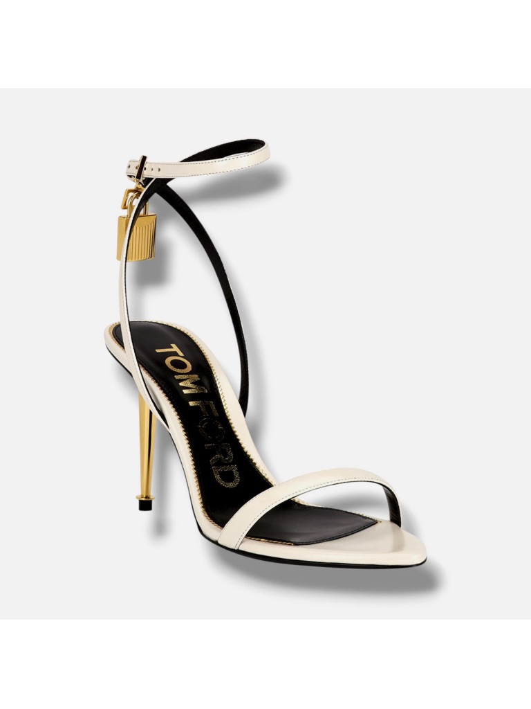 Tom Ford Cream Leather Ankle-Strap Stiletto Sandal With Gold Heel